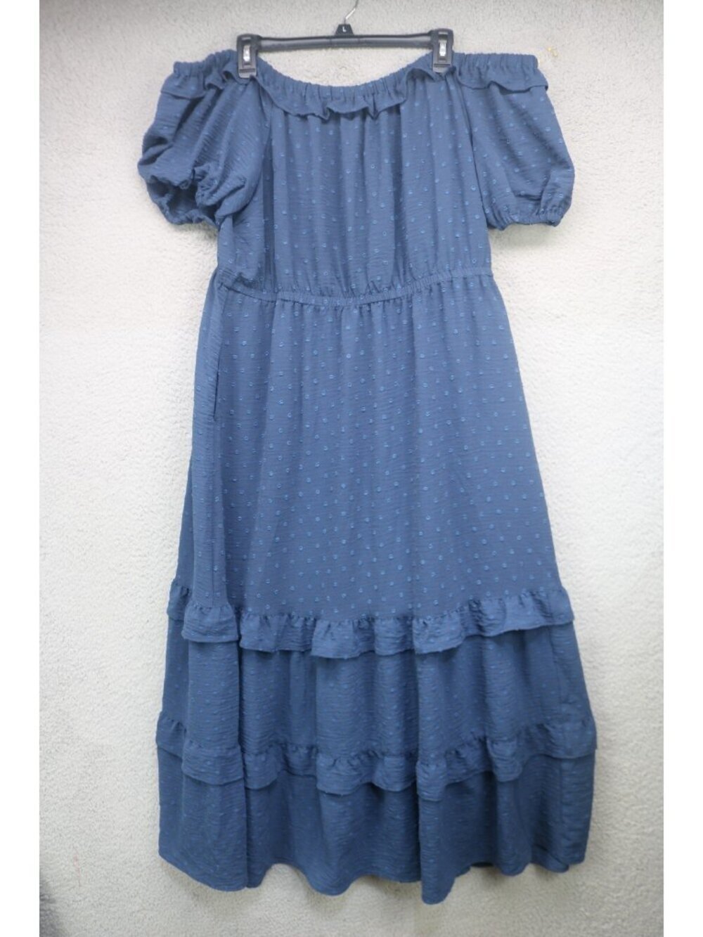 Lane Bryant Off the Shoulder Swiss Dot Navy Maxi Dress-20-Pockets-Tiered-BOHO